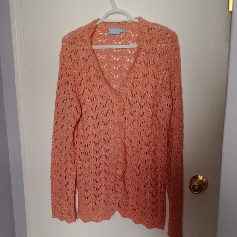 Vintage Pit To Pit 23.Denver Hayes Orange Cardigan Sweater with Open-Knit Design